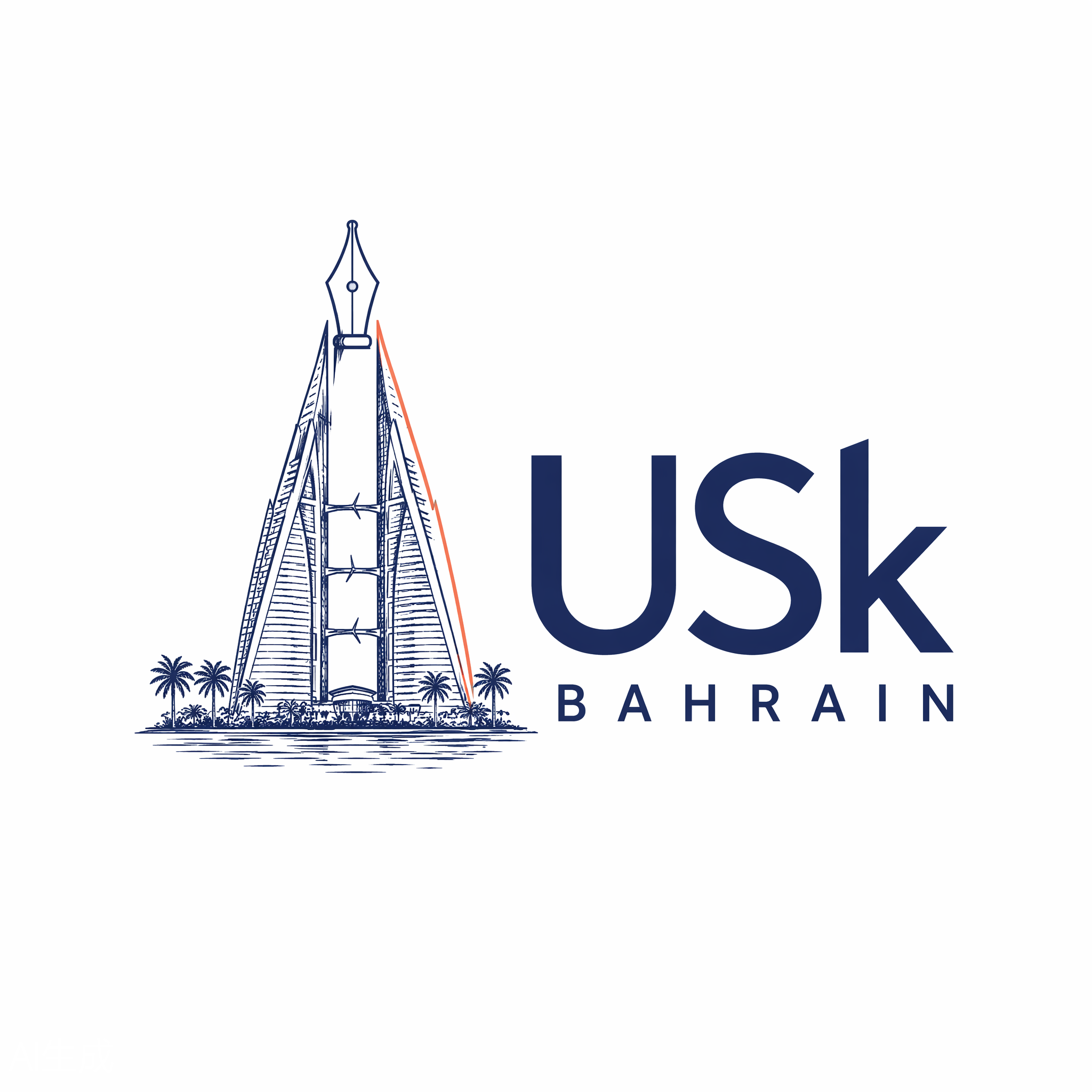 Urban Sketchers Bahrain logo - navy sketch of the Bahrain World Trade Center with pen-nib and coral ink accent